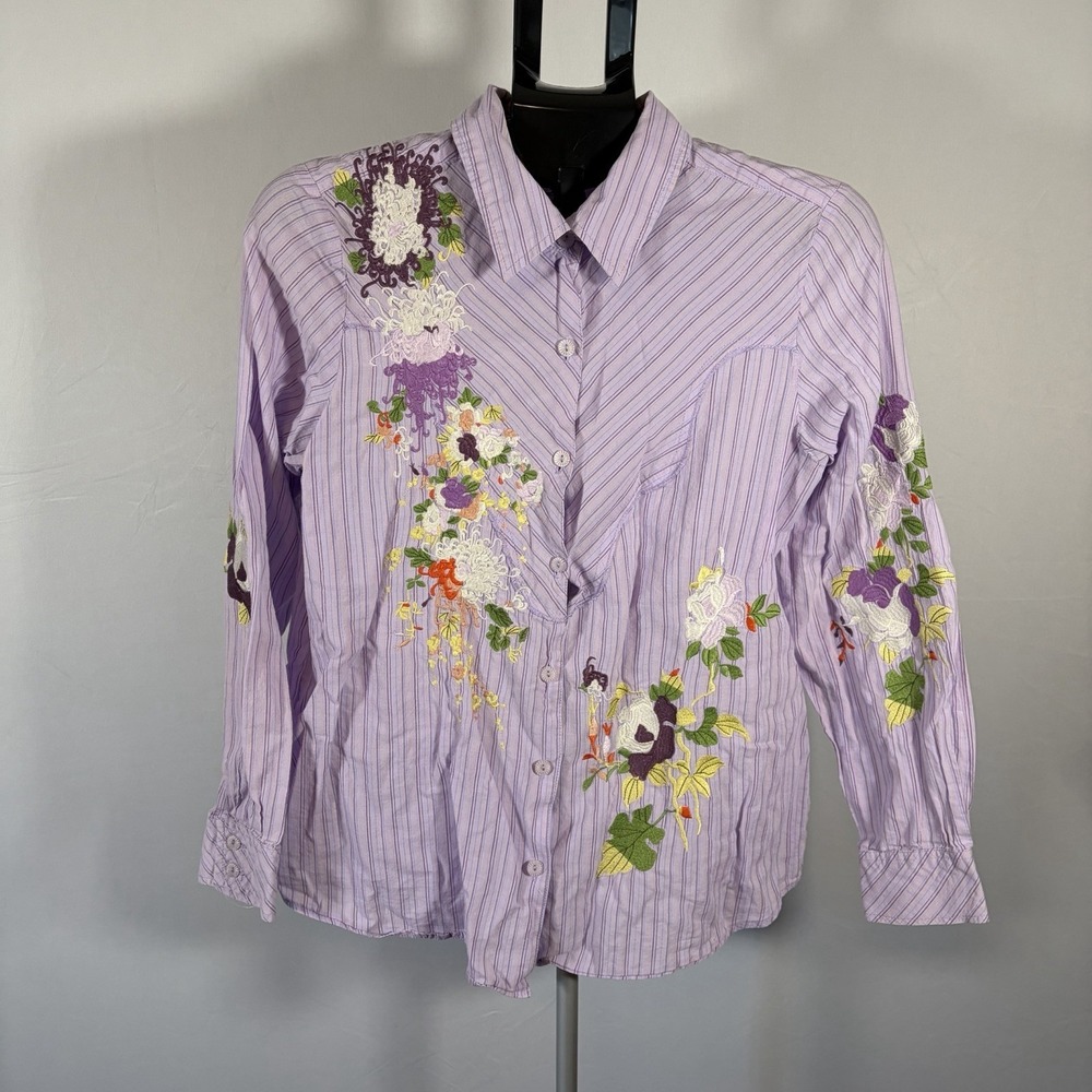 Susan Graver Medium Floral Embroidered Cottage Purple Cotton Long Sleeve Shirt